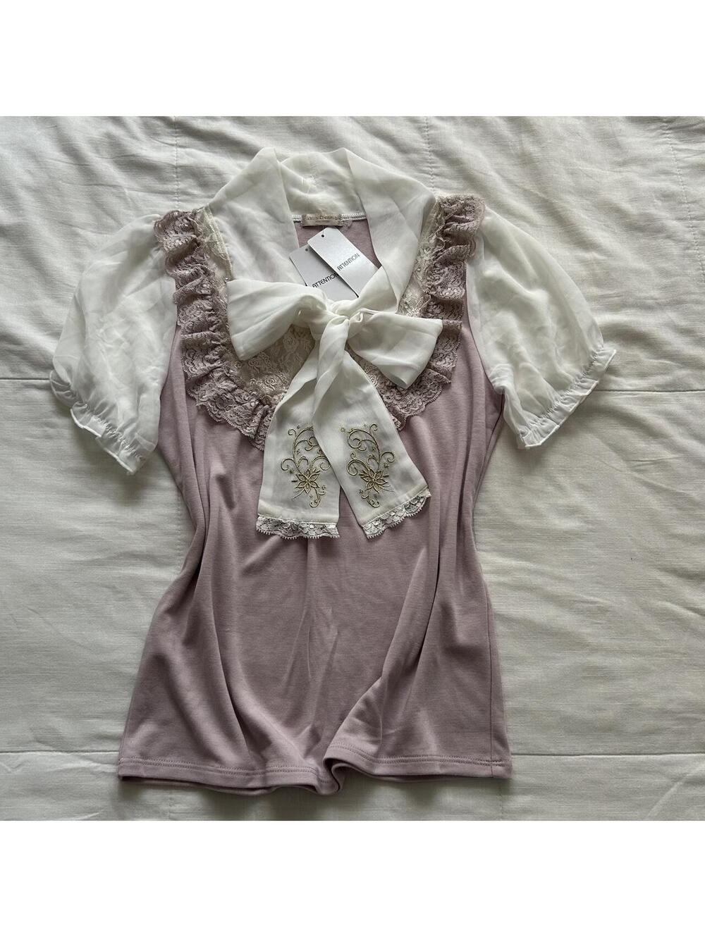 NWT Axes Femme Mauve Pink Blouse Lace Ruffle Bow Embroidery Puff Sleeve M